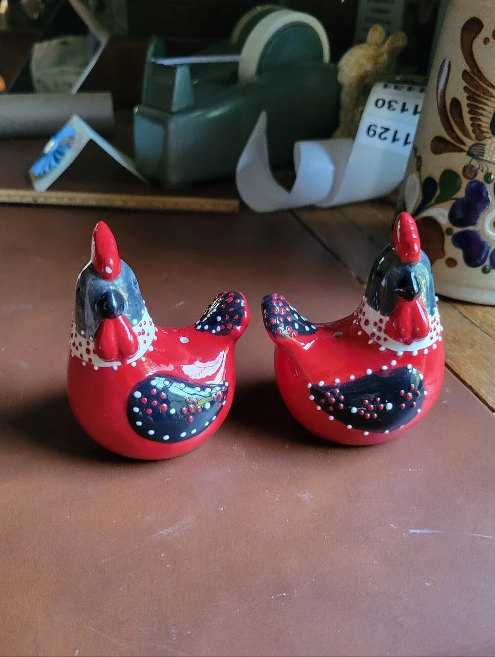 Ceramic Chicken Shaped Polka Dot Salt & Pepper Shakers Black White Red Set
